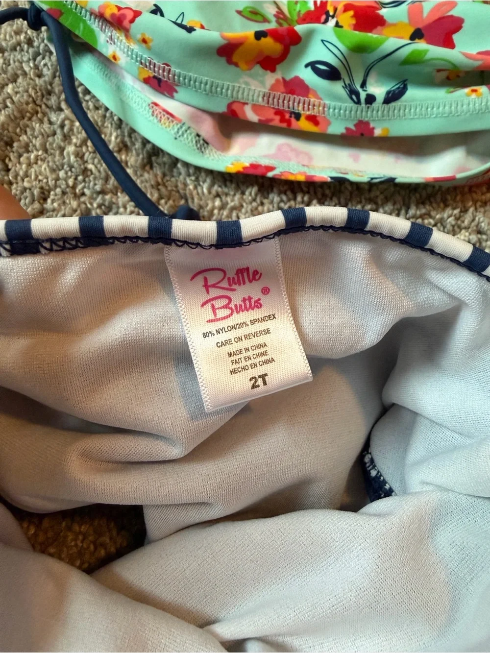 Ruffle Butts Mint Floral Long Sleeve Rashguard with Navy Stripe Skirted Bottoms